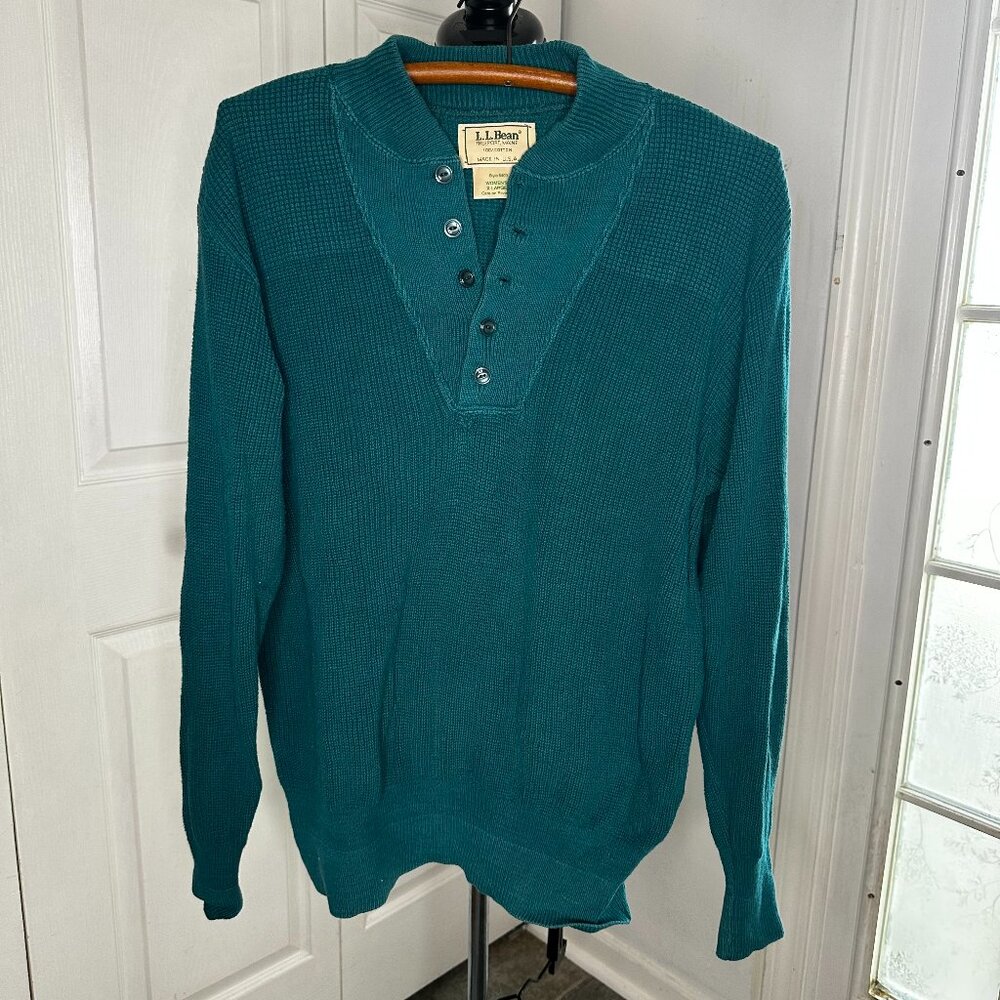 Vintage Men's LL Bean Teal Henley Sweater Size XL